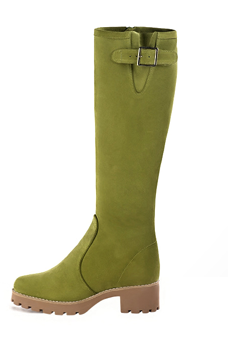 Pistachio green women's knee-high boots with buckles.. Made to measure. Profile view - Florence KOOIJMAN
